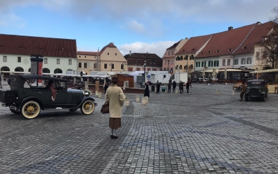 FOTO-VIDEO Centrul Sibiului, scenă de filmare pentru o reclamă națională