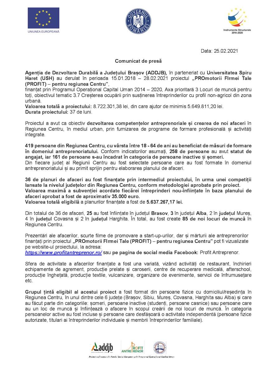Comunicat de presă - „PROmotorii FIrmei Tale (PROFIT) – pentru regiunea Centru”