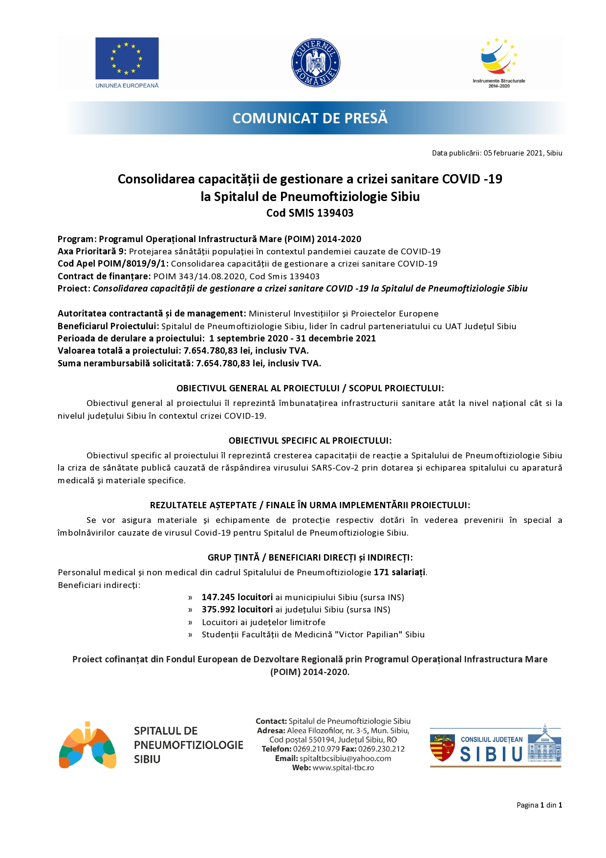 Comunicat de presă - Consolidarea capacității de gestionare a crizei sanitare COVID -19 la Spitalul de Pneumoftiziologie Sibiu Cod SMIS 139403