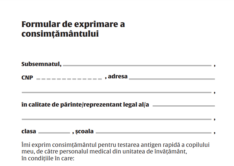 Document. Formularul pe care trebuie să-l semneze părinții pentru testarea COVID a elevilor la școală