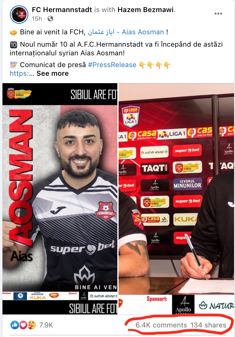 Pagina de Facebook a AFC Hermannstadt, invadată de sirieni. ”Legenda spune că după plecarea jucătorului, sirienii vor închide pagina echipei”