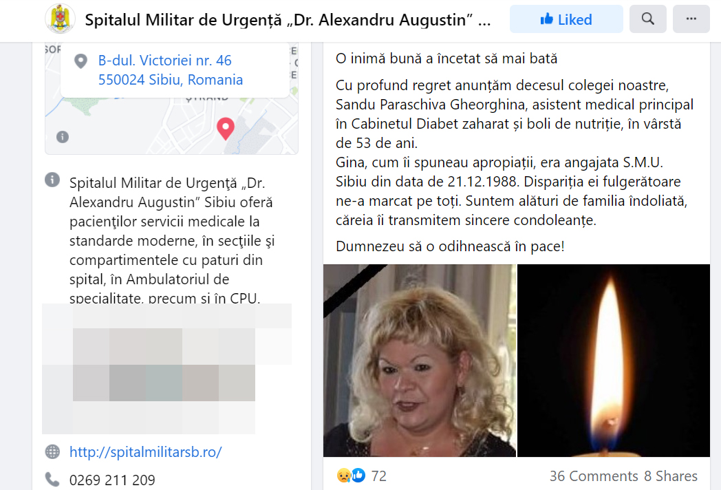Doliu la Spitalul Militar Sibiu: A decedat o asistentă în vârstă de 53 de ani