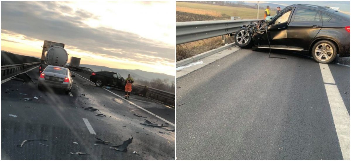 Un BMW X6 a intrat într-un TIR, pe autostrada A1 Sibiu-Deva