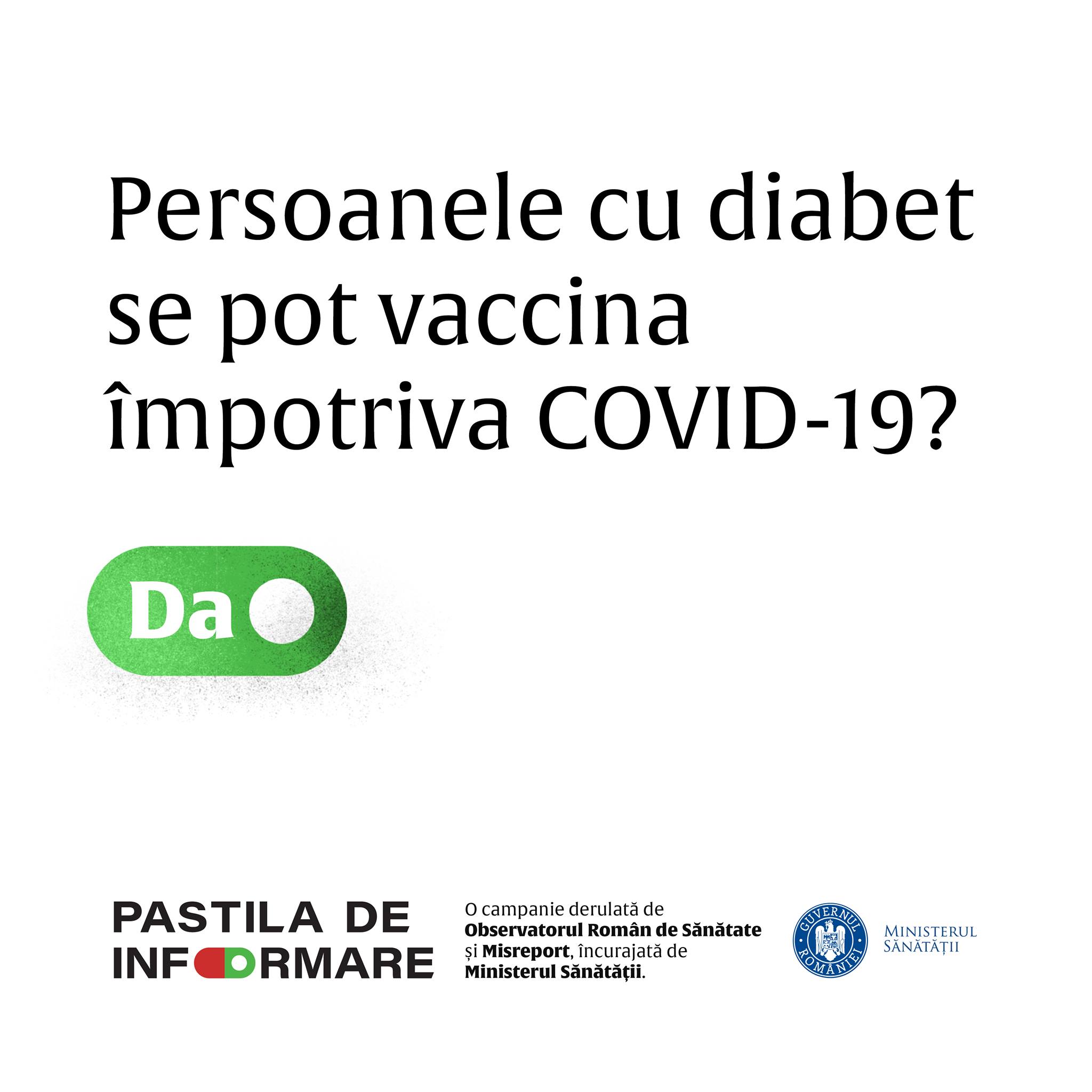 MS: Vaccinurile Pfizer-BioNTech, Moderna şi AstraZeneca-Oxford pot fi administrate persoanelor care suferă de diabet