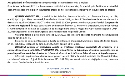 Anunț de presă - Modernizare laborator de tehnica dentara la Quality Ovident SRL-D