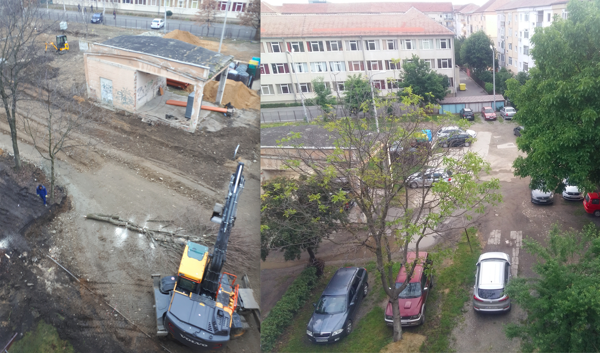 FOTO – Înainte și după defrișare. Primăria către sibienii care plâng după copacii din spatele blocului: Pentru fiecare arbore recoltat se vor planta trei