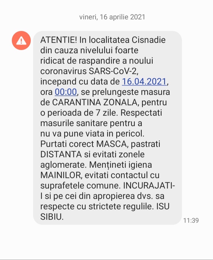 Mesaj ROALERT în Cisnădie: se prelungește carantina