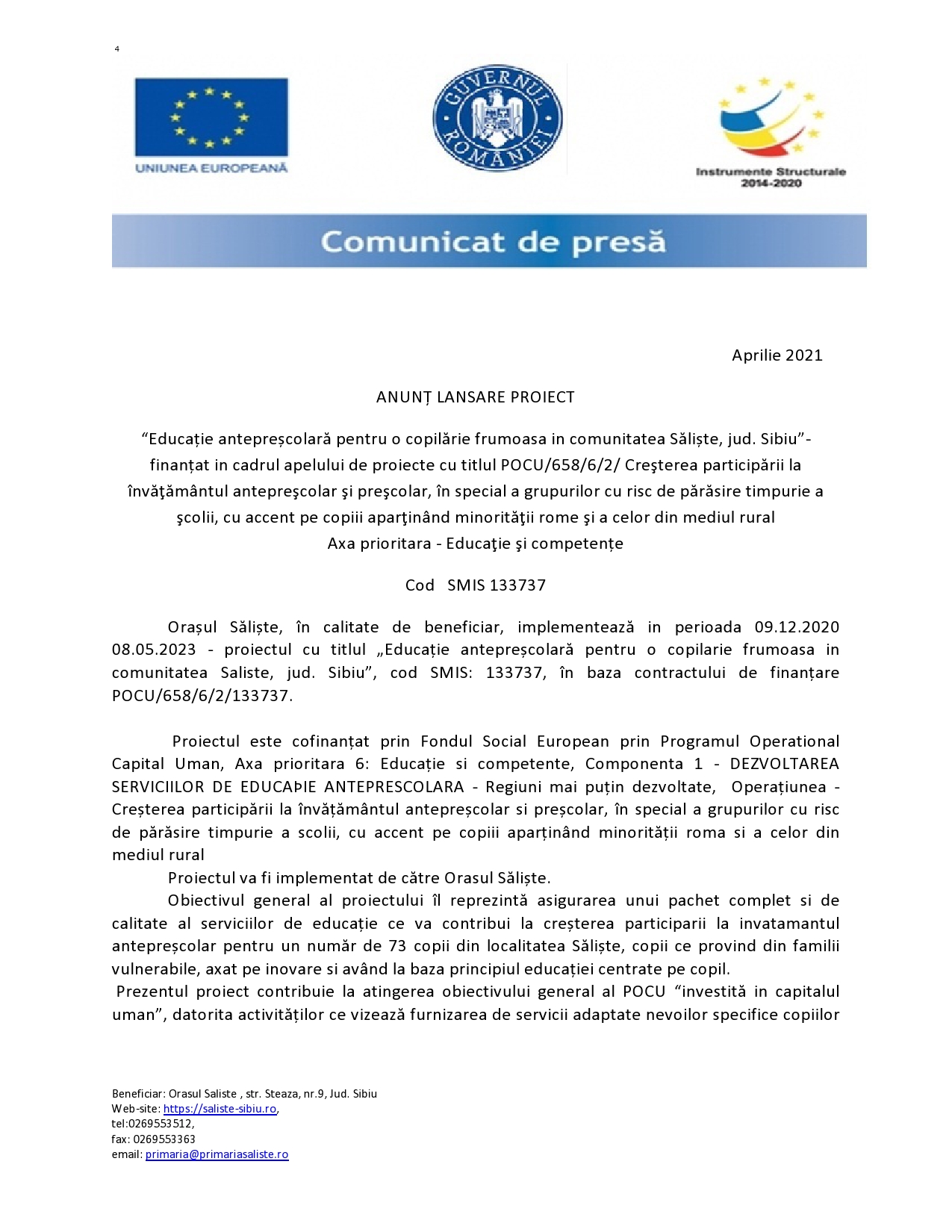 ANUNȚ LANSARE PROIECT: „Educație antepreșcolară pentru o copilărie frumoasă în comunitatea Săliște, județul Sibiu”