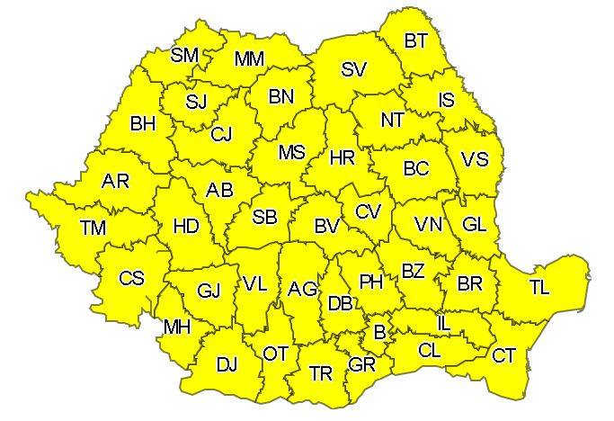 Cod galben de vânt puternic şi ploi, până la ora 23:00