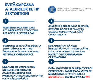 CERT-RO avertizează asupra unui val de atacuri de tip sextortion via e-mail, în România