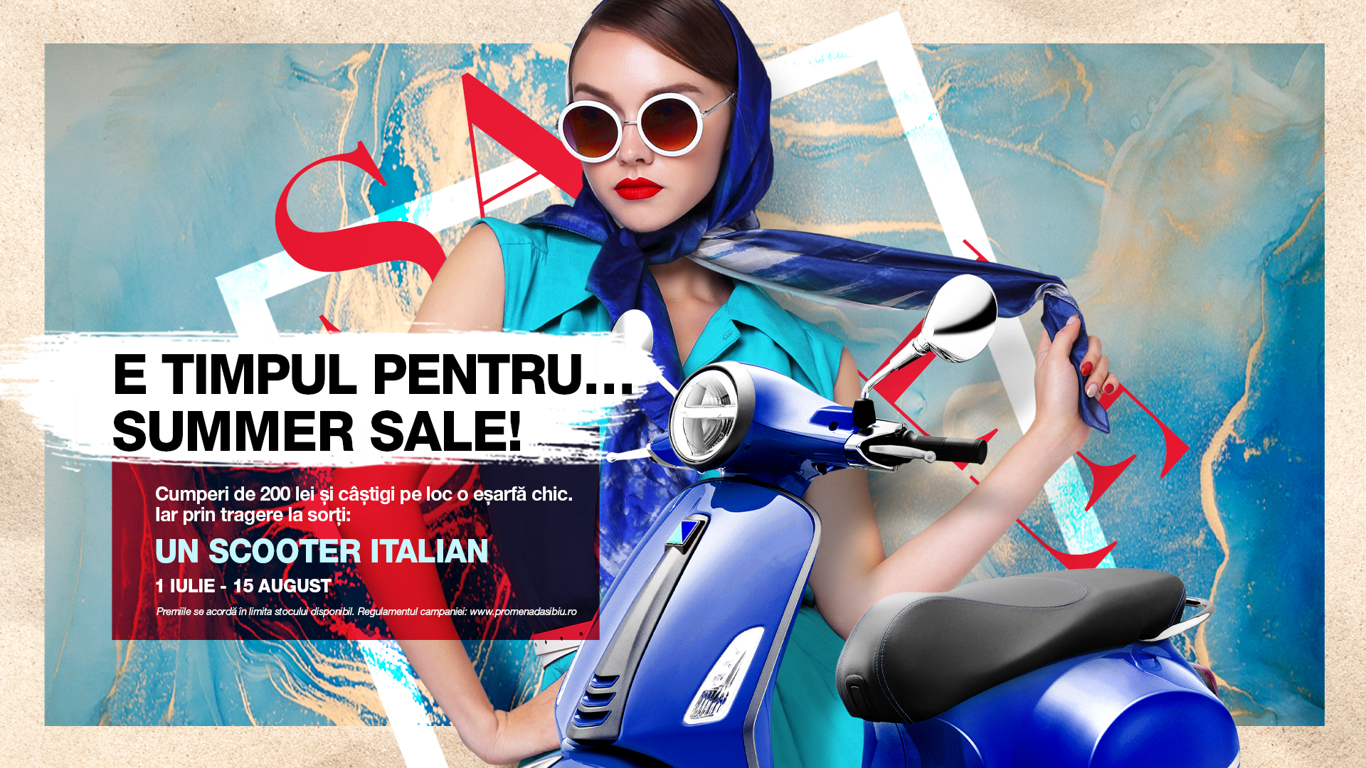 A început sezonul reducerilor de vară la Promenada Sibiu. Un scooter italian Vespa Primavera, culoarea albastru electric, printre premiile oferite