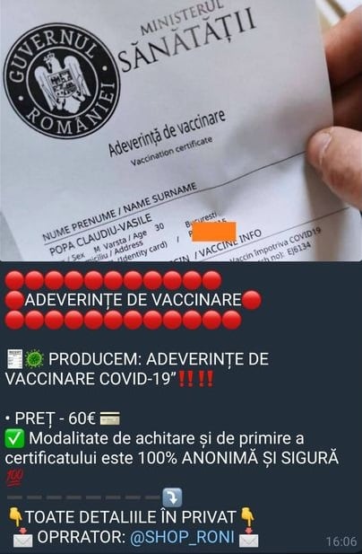 CERT-RO: campanie cu ''oferte'' de falsificare a adeverinţei de vaccinare