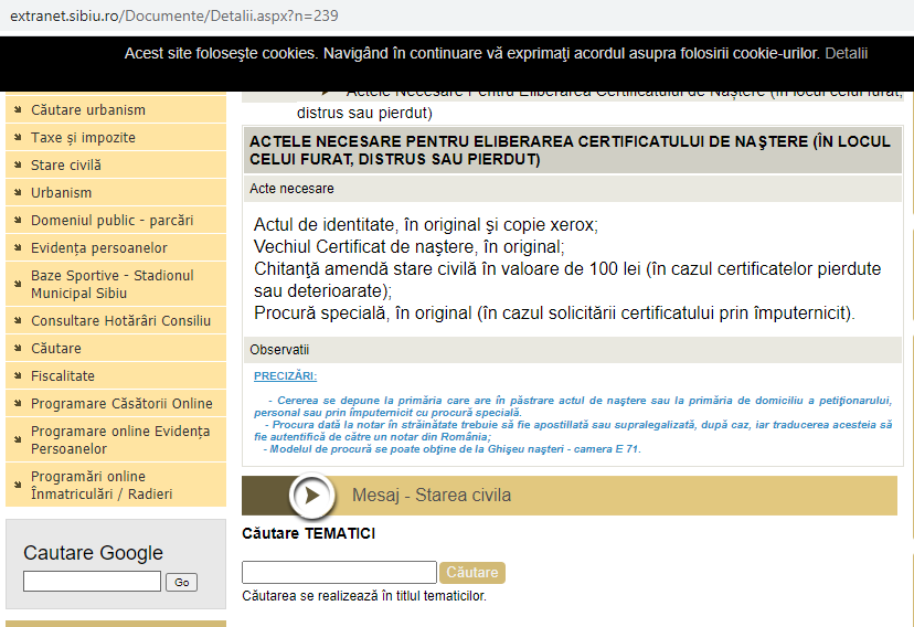 Eroare pe site-ul Primăriei Sibiu: ”Un certificat de naștere pierdut trebuie adus în original”. Greșeala a fost remediată