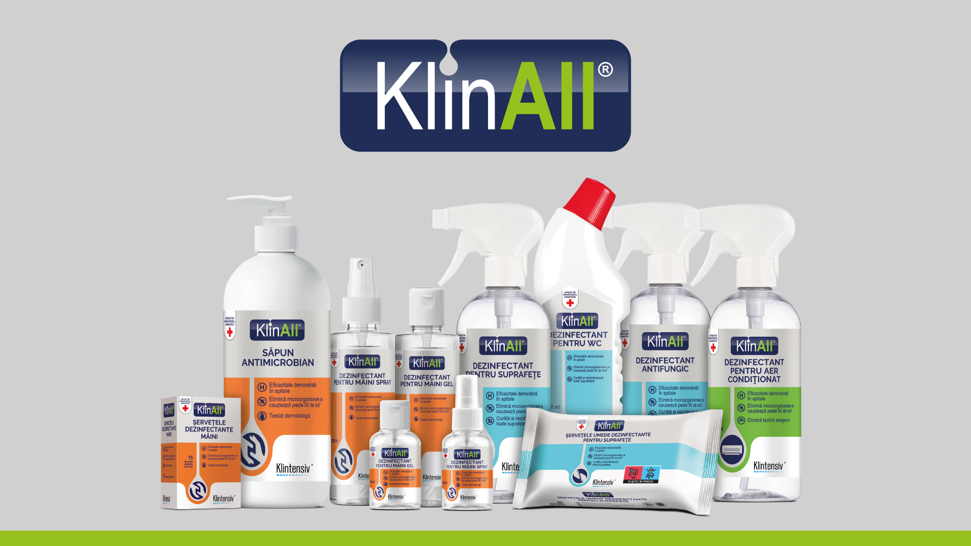 Klintensiv®, cu cele mai vândute produse în spitale în 2020, lansează un brand nou de dezinfectanți pentru consumatorul casnic. KlinAll® este singurul brand românesc din retail cu expertiză medicală și profesională