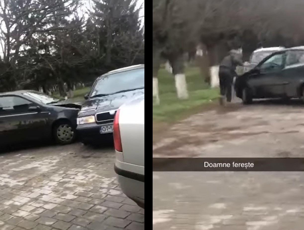 Video viral. Caracal: un tânăr lovește intenționat mașina altui șofer care apoi sare să-l bată cu parul