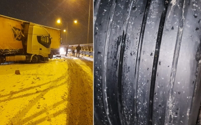 Un TIR cu cauciucurile „coapte” a derapat aseară pe autostrada A1