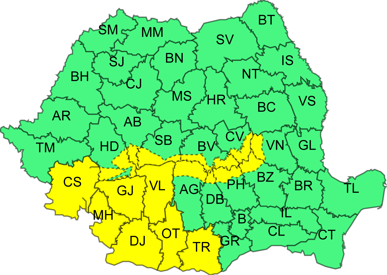 Cod galben de vânt,  pe parcursul zilei de duminică