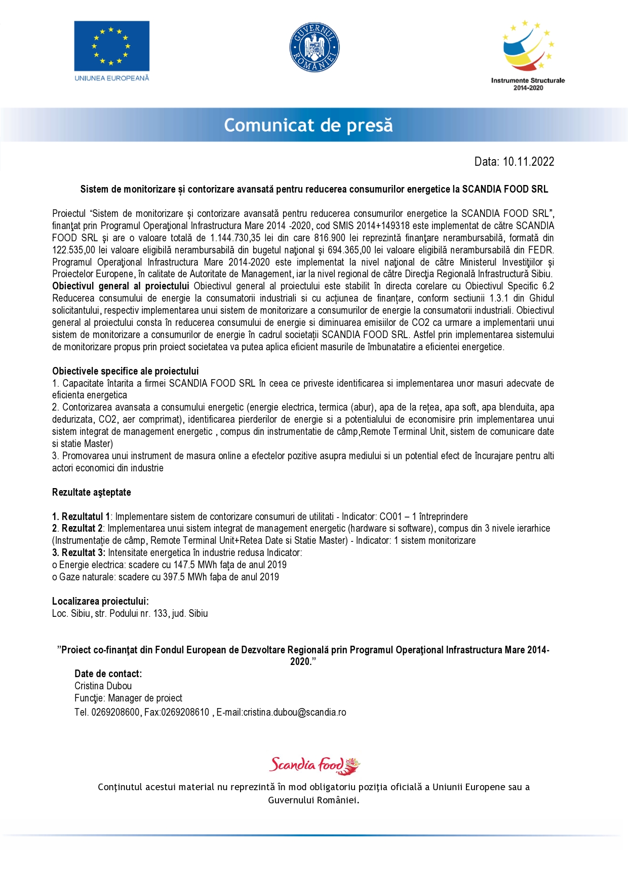 Sistem de monitorizare și contorizare avansată pentru reducerea consumurilor energetice la SCANDIA FOOD SRL