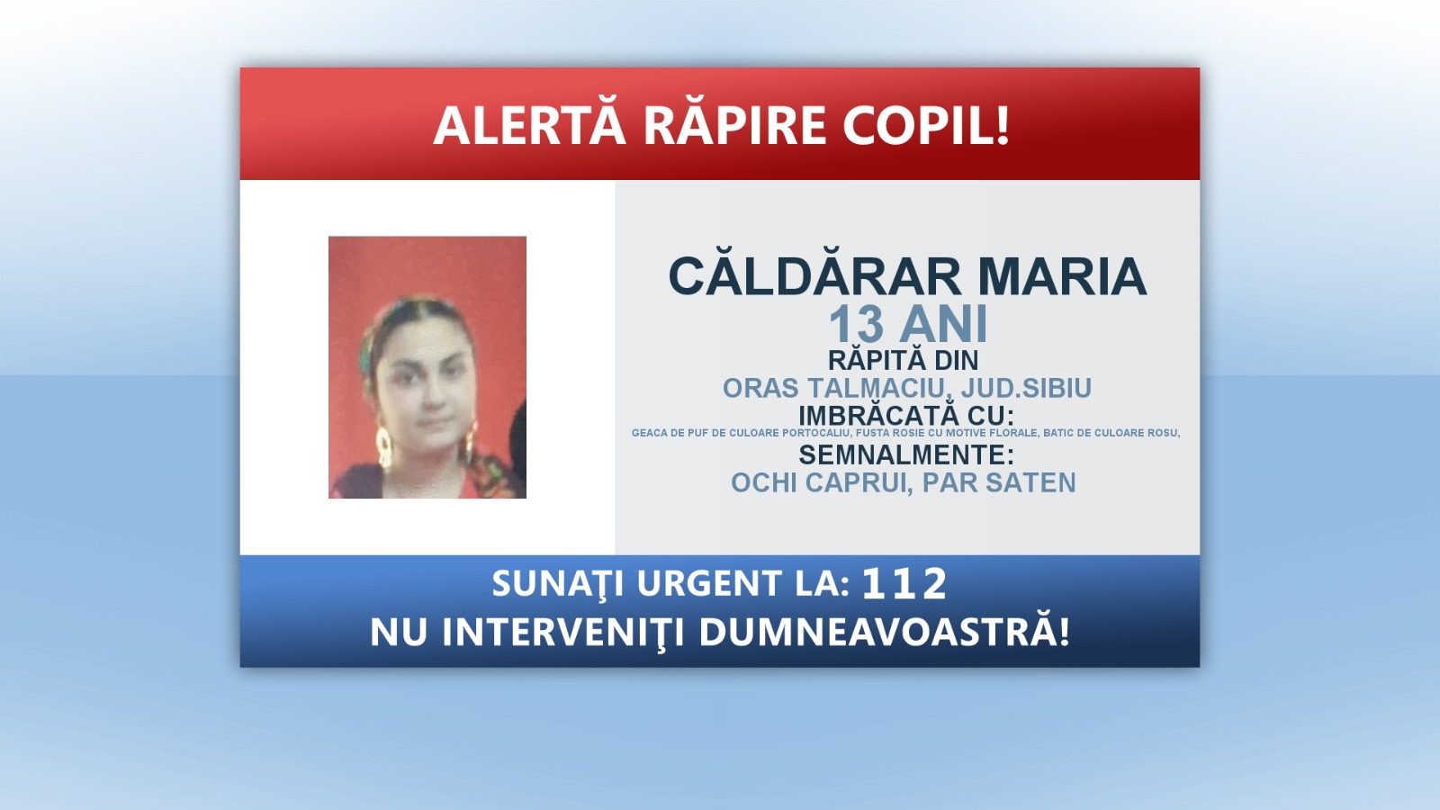 Protecția Copilului Sibiu a luat în plasament fata pentru care s-a dat alerta de răpire