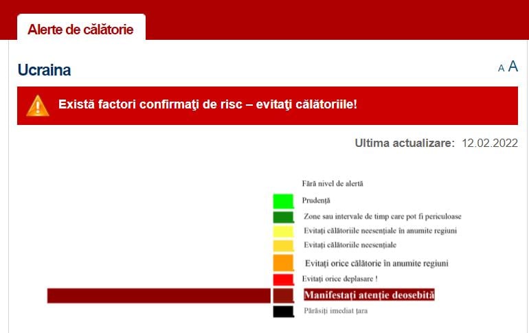 MAE: Nivelul de alertă pentru Ucraina, ridicat. Evitați deplasările în această ţară