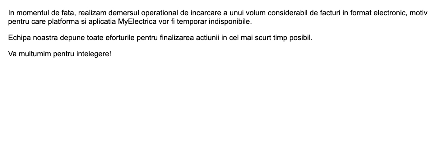 Platforma MyElectrica nu funcționează din cauza ”volumului considerabil de facturi in format electronic”
