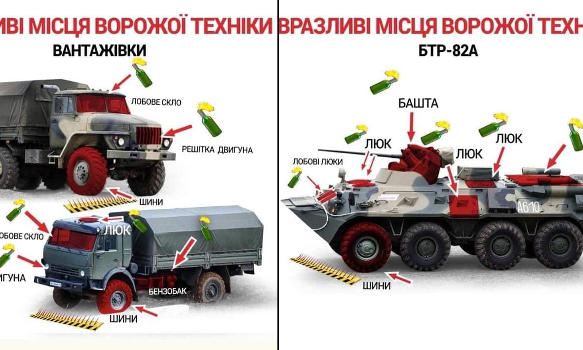 FOTO Cum să distrugi vehicule militare folosind cocktailuri Molotov. Instrucțiunile armatei ucrainene pentru civili