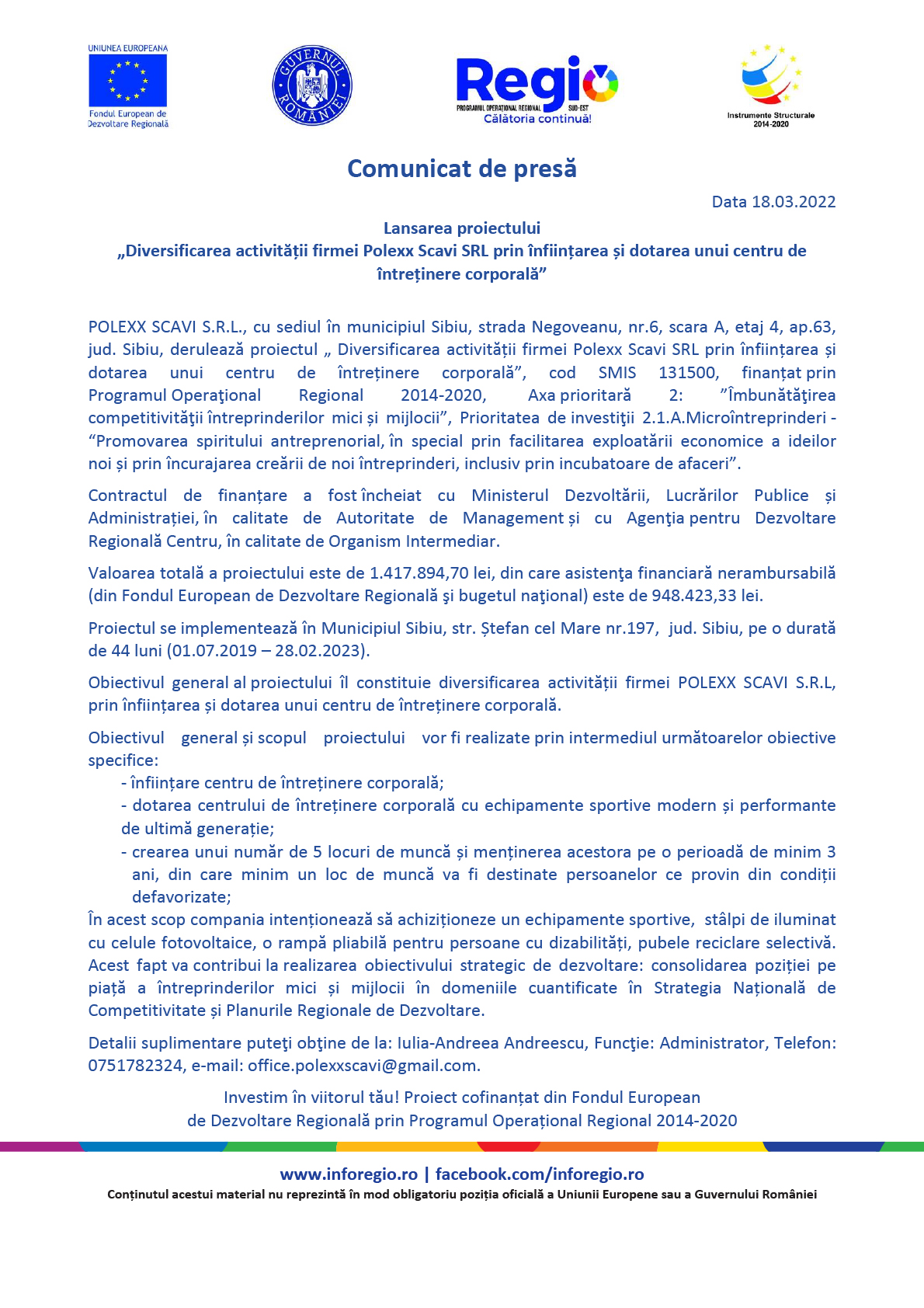 Lansarea proiectului „Diversificarea activității firmei Polexx Scavi SRL prin înființarea și dotarea unui centru de întreținere corporală”