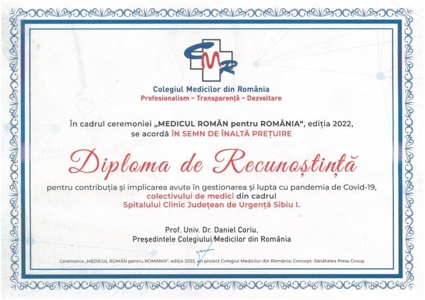 Colectivul Spitalului Județean Sibiu a fost premiat de Colegiul Medicilor pentru gestionarea pandemiei de COVID-19