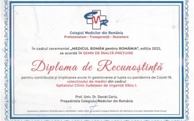 Colectivul Spitalului Județean Sibiu a fost premiat de Colegiul Medicilor pentru gestionarea pandemiei de COVID-19