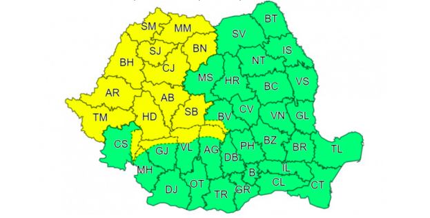 Cod galben în tot județul Sibiu: Descărcări electrice, averse torențiale, intensificări ale vântului și izolat grindină și vijelii