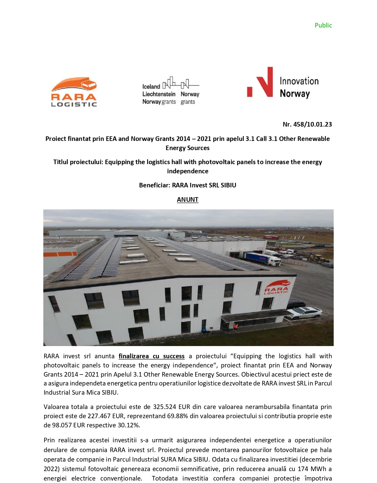 Anunt finalizare proiect RARA invest srl si EEA and Norway Grants 2014 – 2021 prin apelul 3.1 Call 3.1 Other Renewable Energy Sources