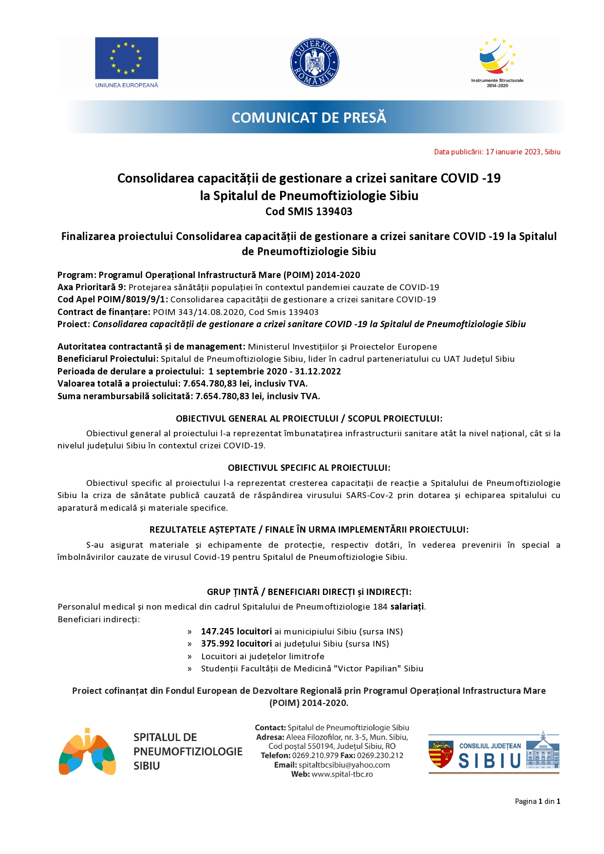 Consolidarea capacității de gestionare a crizei sanitare COVID -19 la Spitalul de Pneumoftiziologie Sibiu