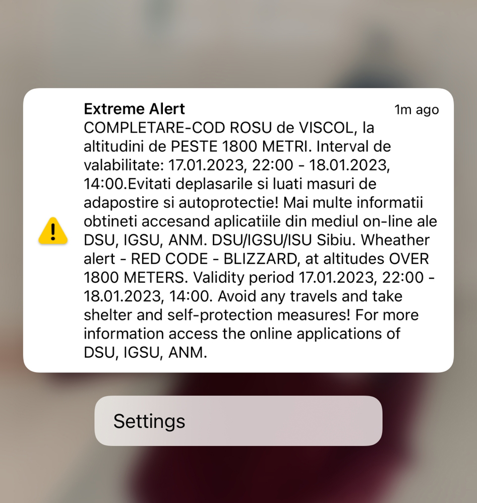 Două mesaje RO-ALERT în Sibiu. Al doilea, cu informația corectă, de cod roșu de viscol la peste 1.800 de m