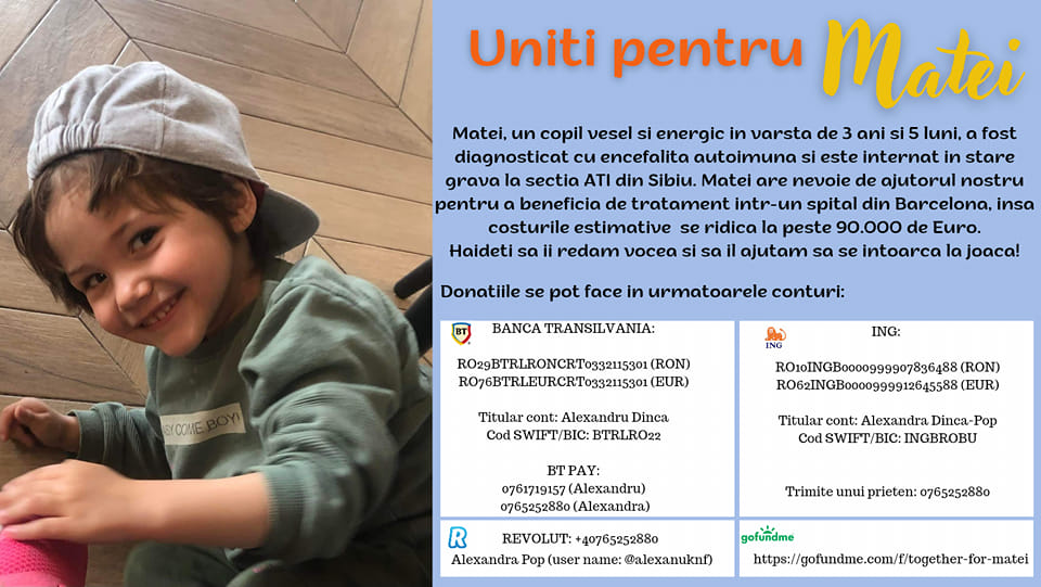 Matei, un băiețel de 3 ani din Sibiu diagnosticat cu encefalită autoimună, are nevoie de sprijin. Tratamentul în Spania costă 90.000 de euro