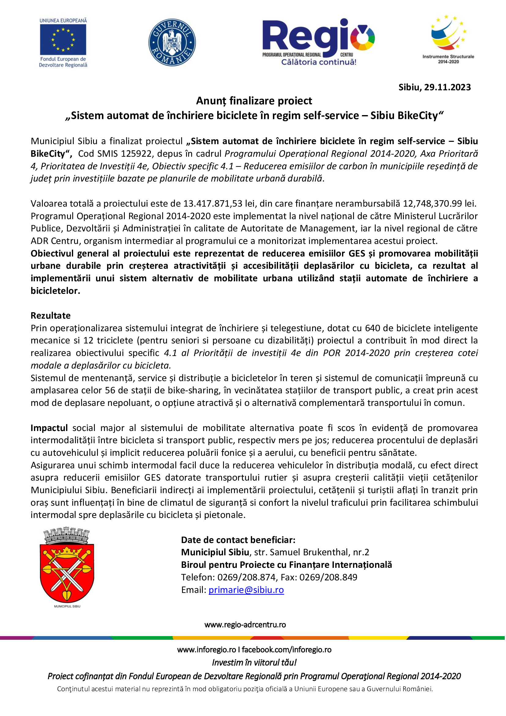 Anunț finalizare proiect „Sistem automat de închiriere biciclete în regim self-service – Sibiu BikeCity“