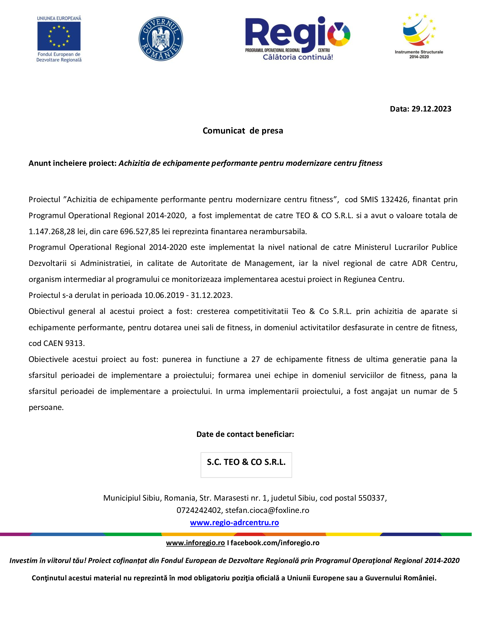 Comunicat de presa - Anunt incheiere proiect: Achizitia de echipamente performante pentru modernizare centru fitness