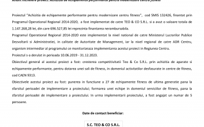 Comunicat de presa - Anunt incheiere proiect: Achizitia de echipamente performante pentru modernizare centru fitness