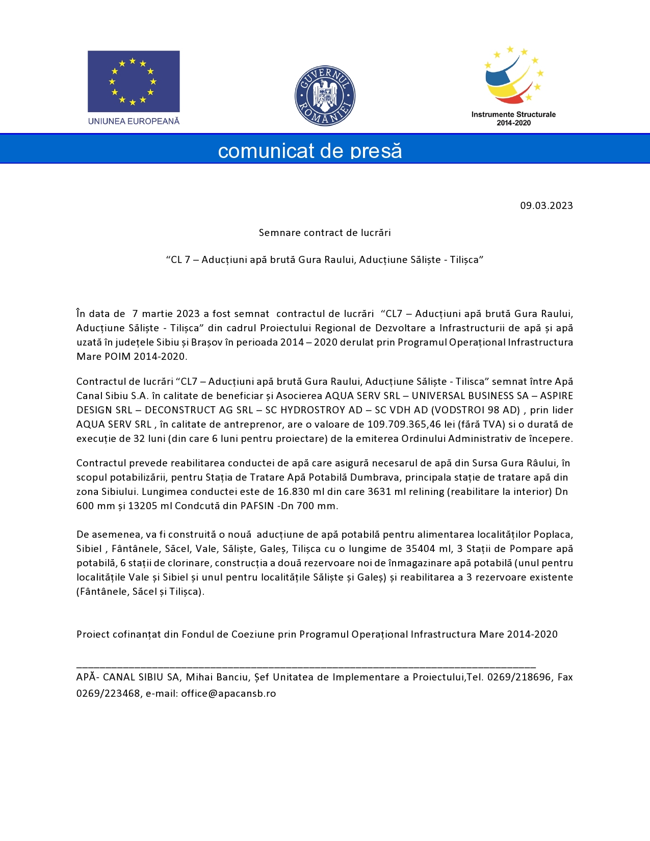 Comunicat de presă - Semnare contract de lucrări  “CL 7 – Aducțiuni apă brută Gura Raului, Aducțiune Săliște - Tilișca”