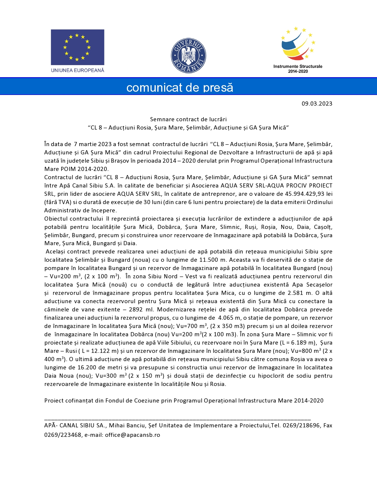 Comunicat de presă - Semnare contract de lucrări “CL 8 – Aducțiuni Rosia, Șura Mare, Șelimbăr, Aducțiune și GA Șura Mică”