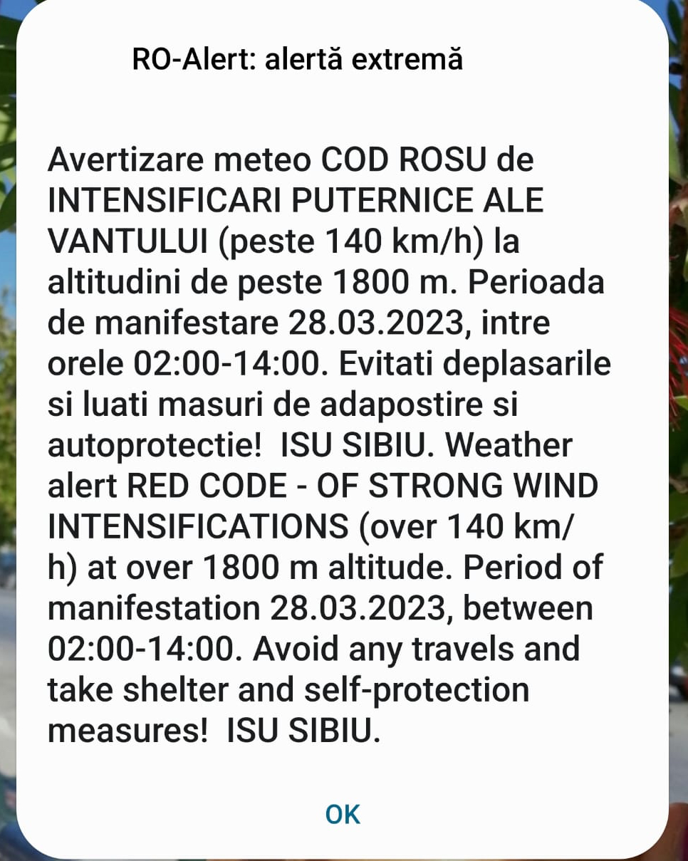 Mesaj RO-ALERT în Sibiu: Cod roșu de vânt puternic. 22 de localități vizate