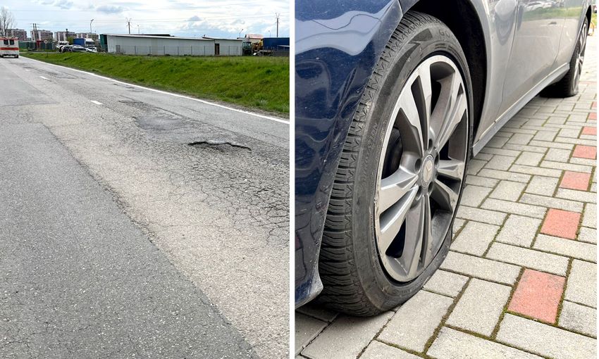 Cauciucuri tăiate și jante distruse pe un drum din Sibiu. Șofer păgubit: „Voi da primăria în judecată. Doamne ferește de un accident cu victime”
