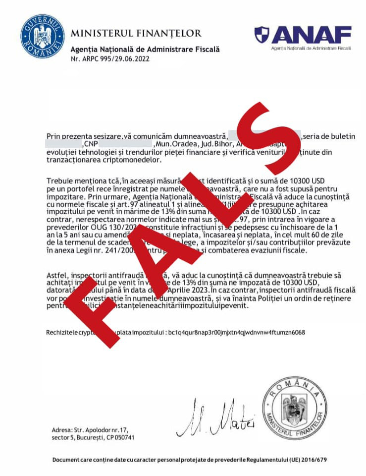 Mesaje false, transmise în numele ANAF, prin care se solicită achitarea unor sume de bani