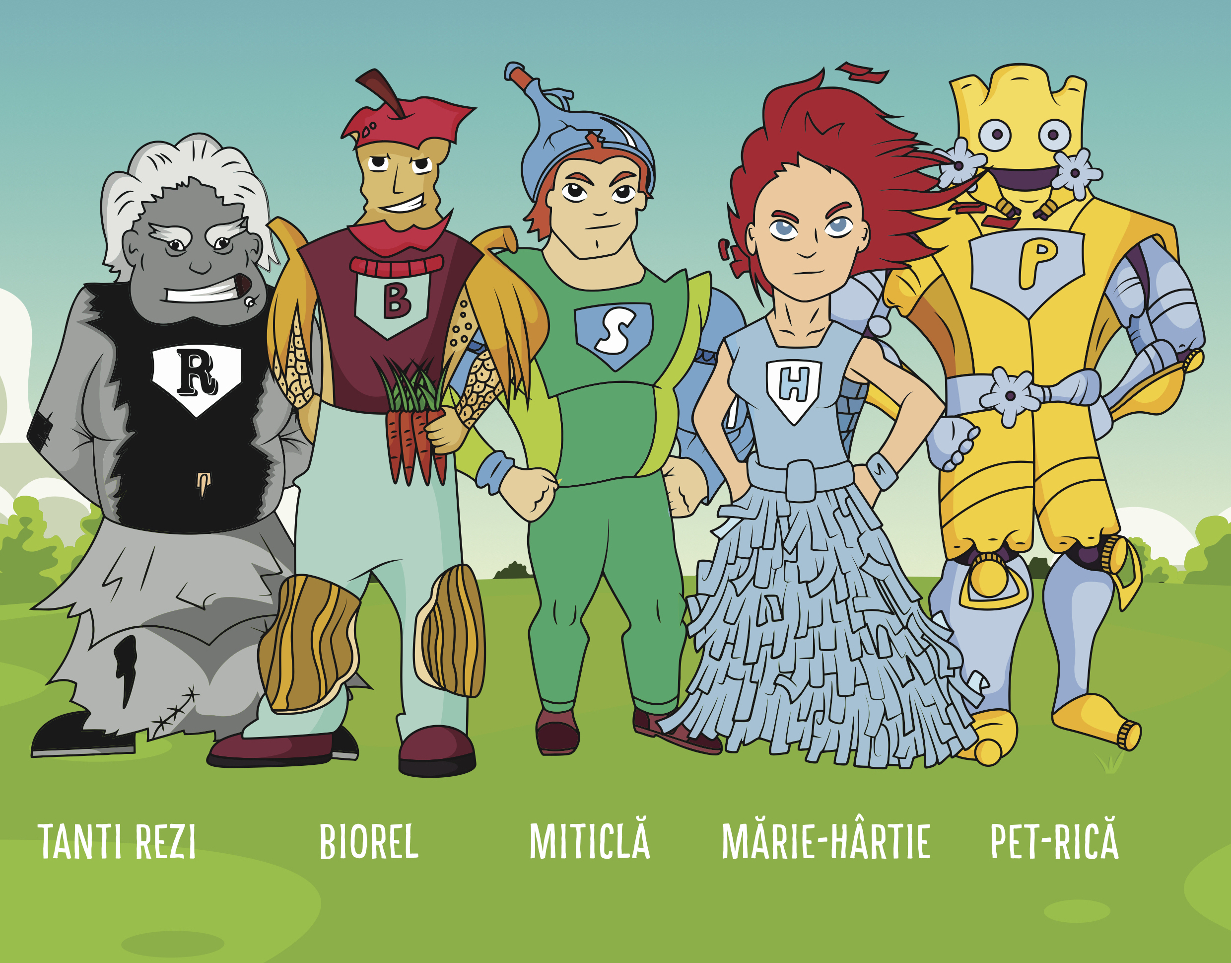 Faceți cunoștință cu cei cinci super-eroi ai reciclării: Tanti Rezi, Miticlă, PETrică, Mărie-Hârtie și BIOrel