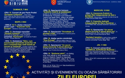 Ziua Europei și Ziua Independenței Naționale sărbătorite la Sibiu cu ateliere, concerte și spectacole. Programul complet al evenimentelor