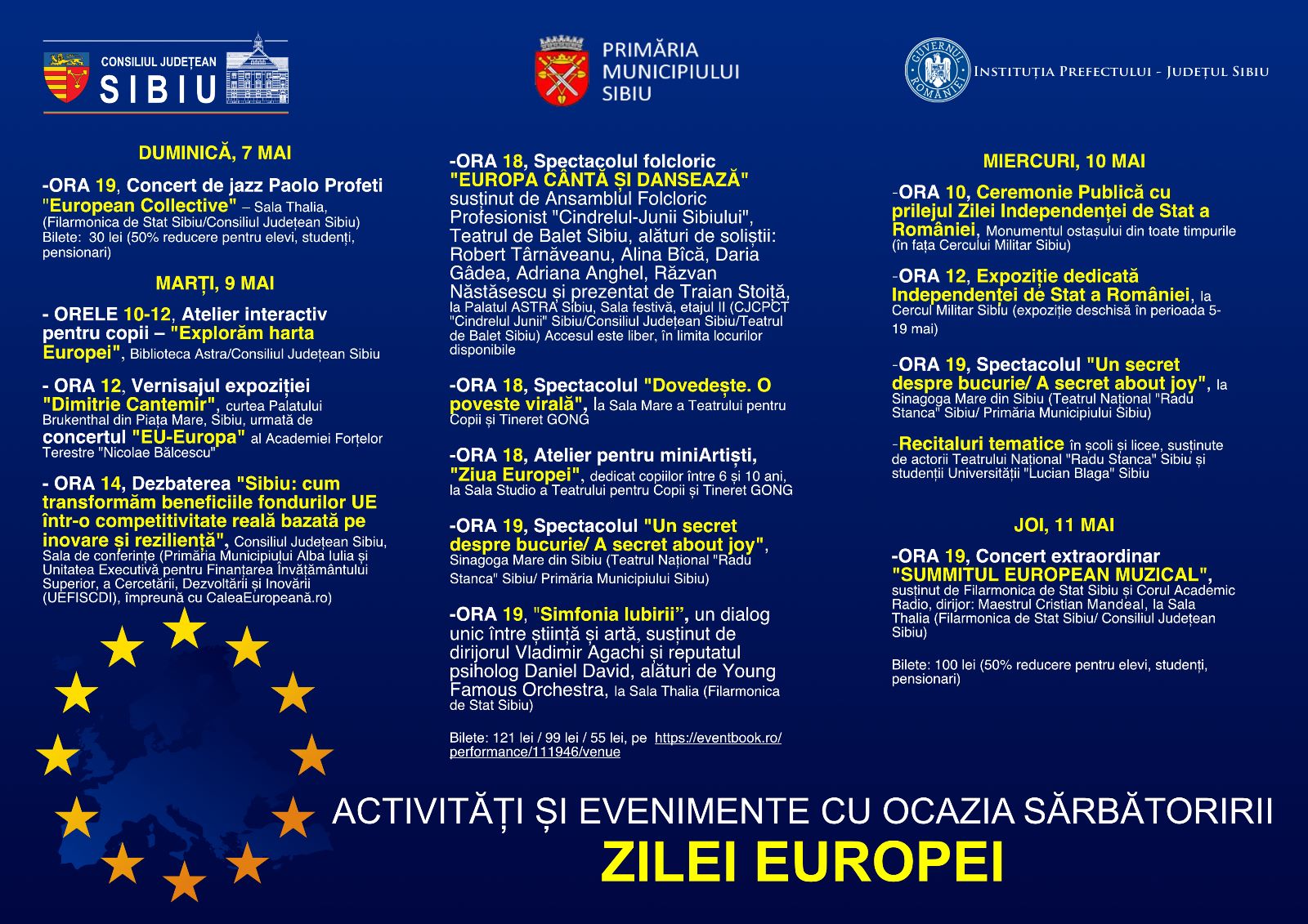 Ziua Europei și Ziua Independenței Naționale sărbătorite la Sibiu cu ateliere, concerte și spectacole. Programul complet al evenimentelor