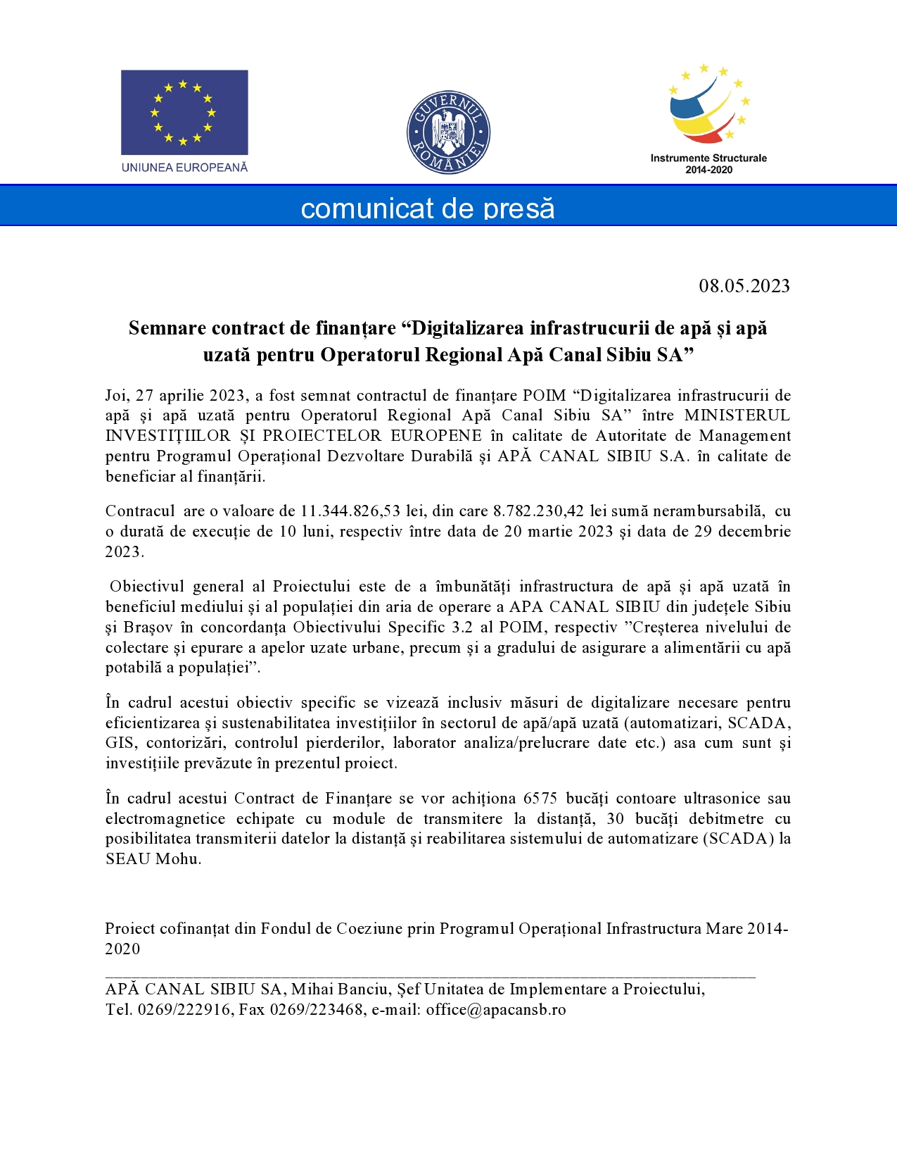 Semnare contract de finanțare “Digitalizarea infrastrucurii de apă și apă uzată pentru Operatorul Regional Apă Canal Sibiu SA”