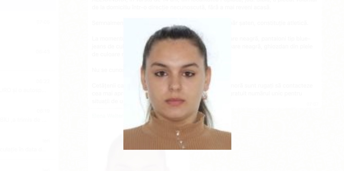 Actualizare Fată de 14 ani, dată dispărută de acasă, din Poplaca. Alerta a fost dată în această dimineață la ora 2