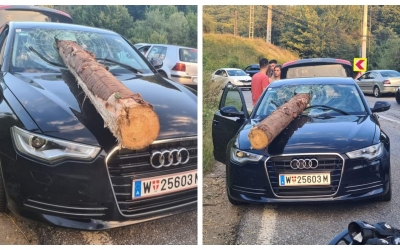 Accident ”Final Destination”: Un buştean a intrat prin parbrizul unui autoturism, după ce a căzut dintr-un autotren. S-a întâmplat în Brașov