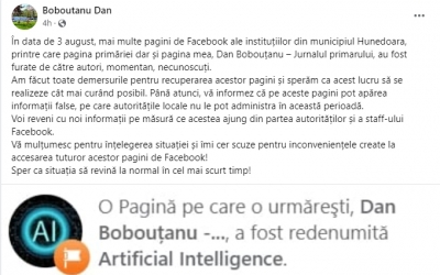 Paginile oficiale de Facebook ale Primăriei Hunedoara şi ale primarului localităţii au fost furate