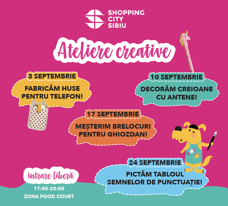 Luna septembrie începe cu o nouă serie de ateliere pentru copii la Shopping City Sibiu: creație de brelocuri pentru ghiozdan, huse  simpatice pentru telefon și tablouri cu semnele de punctuație